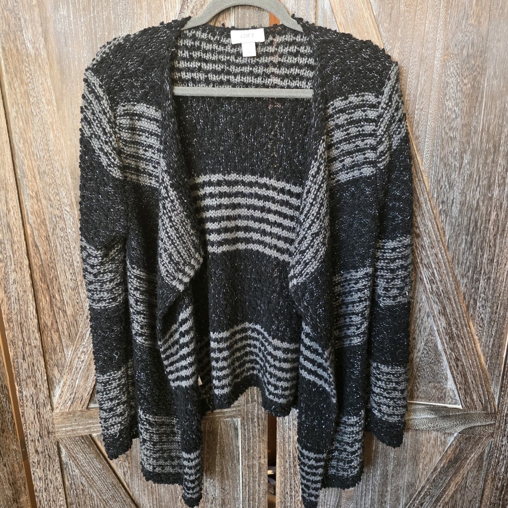 Loft Sweater Women's Size Medium Black &‎ Gray Open Cardigan Stripes Metallic